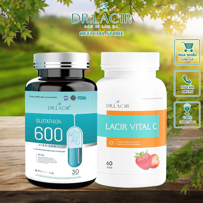 Combo viên uống VitaminC hộp 60 viên và viên uống trắng da Glutathione 600 hộp 30 viên DR.LACIR