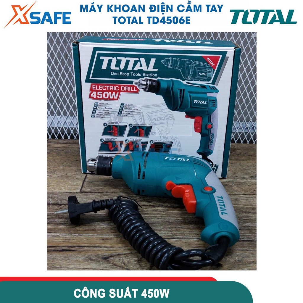 Máy khoan cầm tay TOTAL TD4506E công suất 450W, tốc độ 3200rpm, đầu khoan 6.5mm, khả năng khoan sắt 6mm, khoan gỗ 20mm