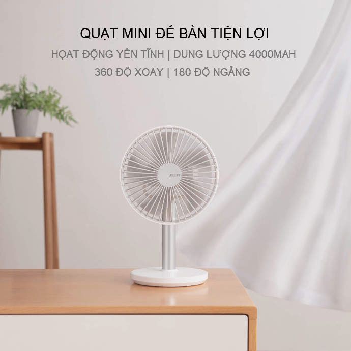 Quạt mini tích điện để bàn thế hệ mới Jisulife F7A, 4 cấp độ gió mạnh, quay 360 độ, ngửa 180 độ - dung lượng lớn 4000mAh