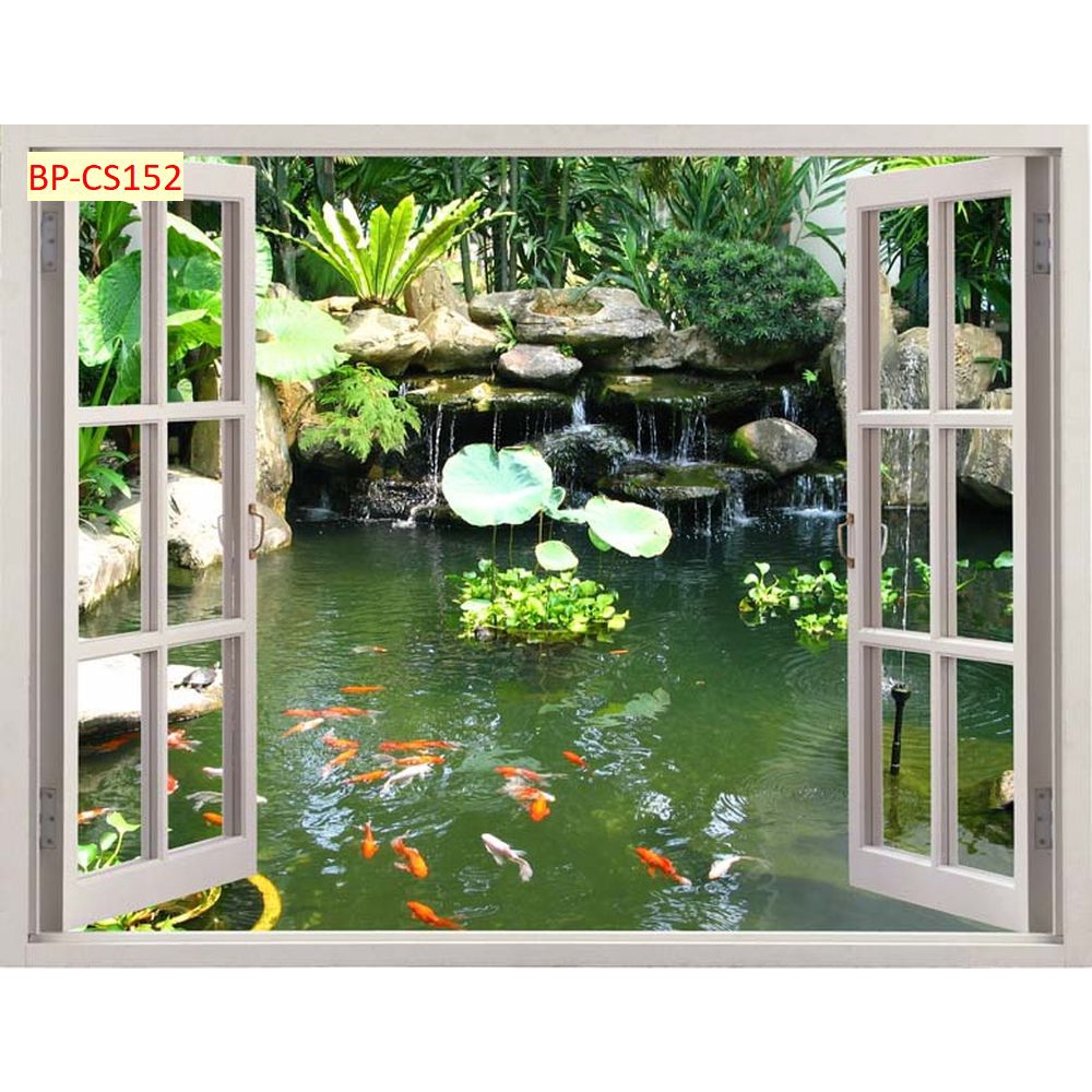 Tranh dán tường 3D khung cửa sổ thiên nhiên trong lành Vải Lụa 3D Cao Cấp