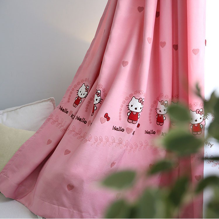 Rèm cửa trẻ em hình Hello Kitty màu hồng, màu xanh, rèm voan thêu kitty, rèm dán tường, dán cửa, treo thanh decor cửa sổ