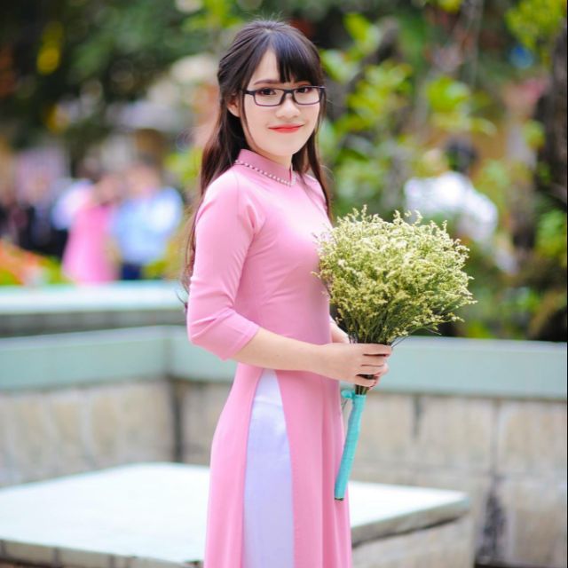 Áo dài 2 tà hồng đỗ cổ 2 phân (cả bộ)