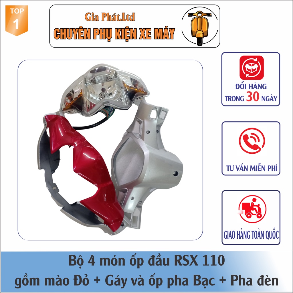 Combo ốp đầu Wave RSX 110  gồm Mào ĐỎ - Gáy BẠC - và Pha đèn kèm bóng