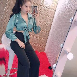 Áo crop top đắp chéo kiểu sơ mi thắt nơ lưng