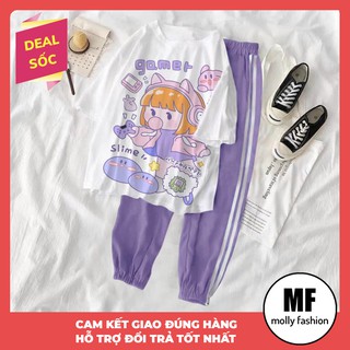 Đồ bộ hoạt hình quần Jogger trơn 2 sọc MÀU TÍM Freesize dành cho nam nữ Molly Fashion