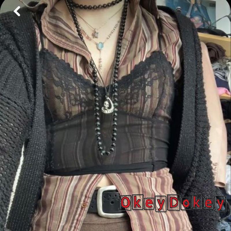 OKDK-Y2K Lace Sexy Mesh Lace Cami Summer Clothes Punk Spaghetti Strap Crop Top