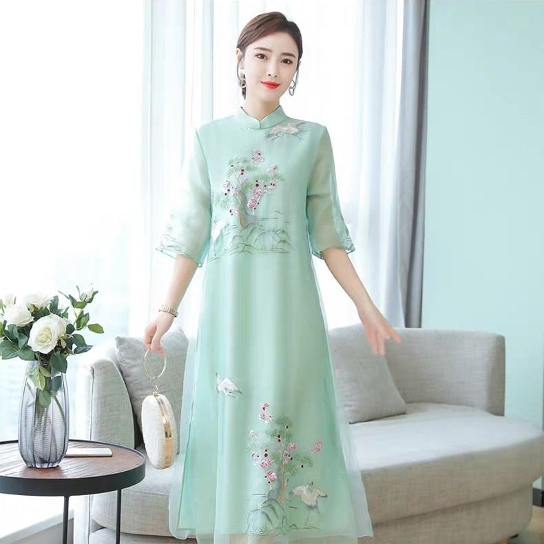 Embroidered dress female summer new style ethnic style improved cheongsam dress temperament retro mid-length skirt