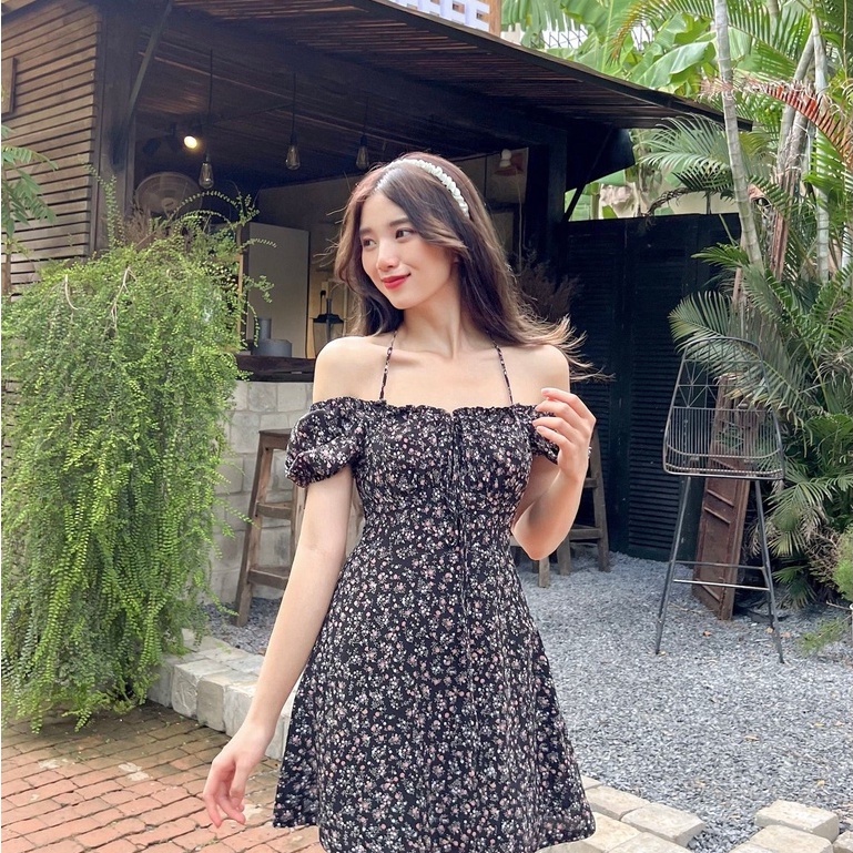 Đâm ANNA - Đầm hoa nhún ngực cột cổ