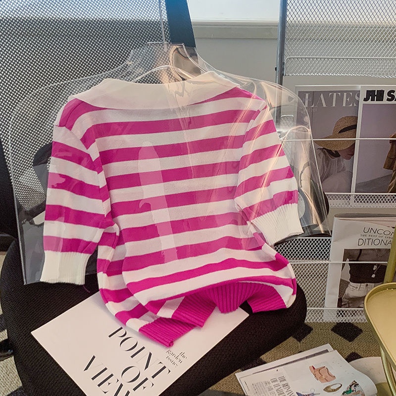 Áo polo Dệt Kim Cổ Bẻ Họa Tiết Kẻ Sọc Thời Trang Mùa Hè Phong Cách Hàn Quốc Mới Cho Nữ