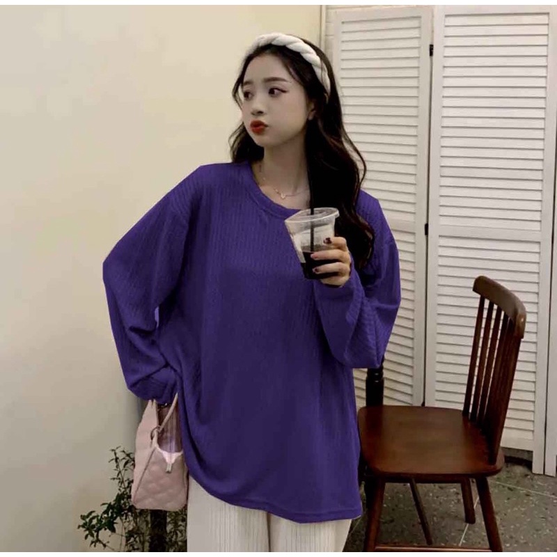Áo Tổ Ong Cổ Tròn Dài Tay Nữ [FREESHIP] Thun giấy form rộng kiểu dáng basic, phông suông màu vintage hàn quốc Thu đông