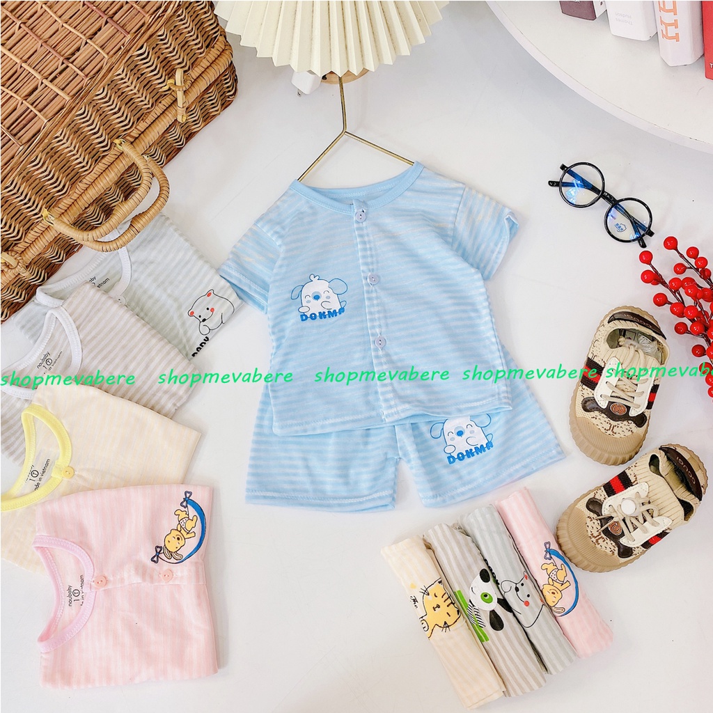 Bộ cộc tay cotton cho bé trai và bé gái sơ sinh họa tiết kẻ ngộ nghĩnh cài cúc giữa, hàng đẹp 3-13kg - 𝐁𝐎𝟓𝟕