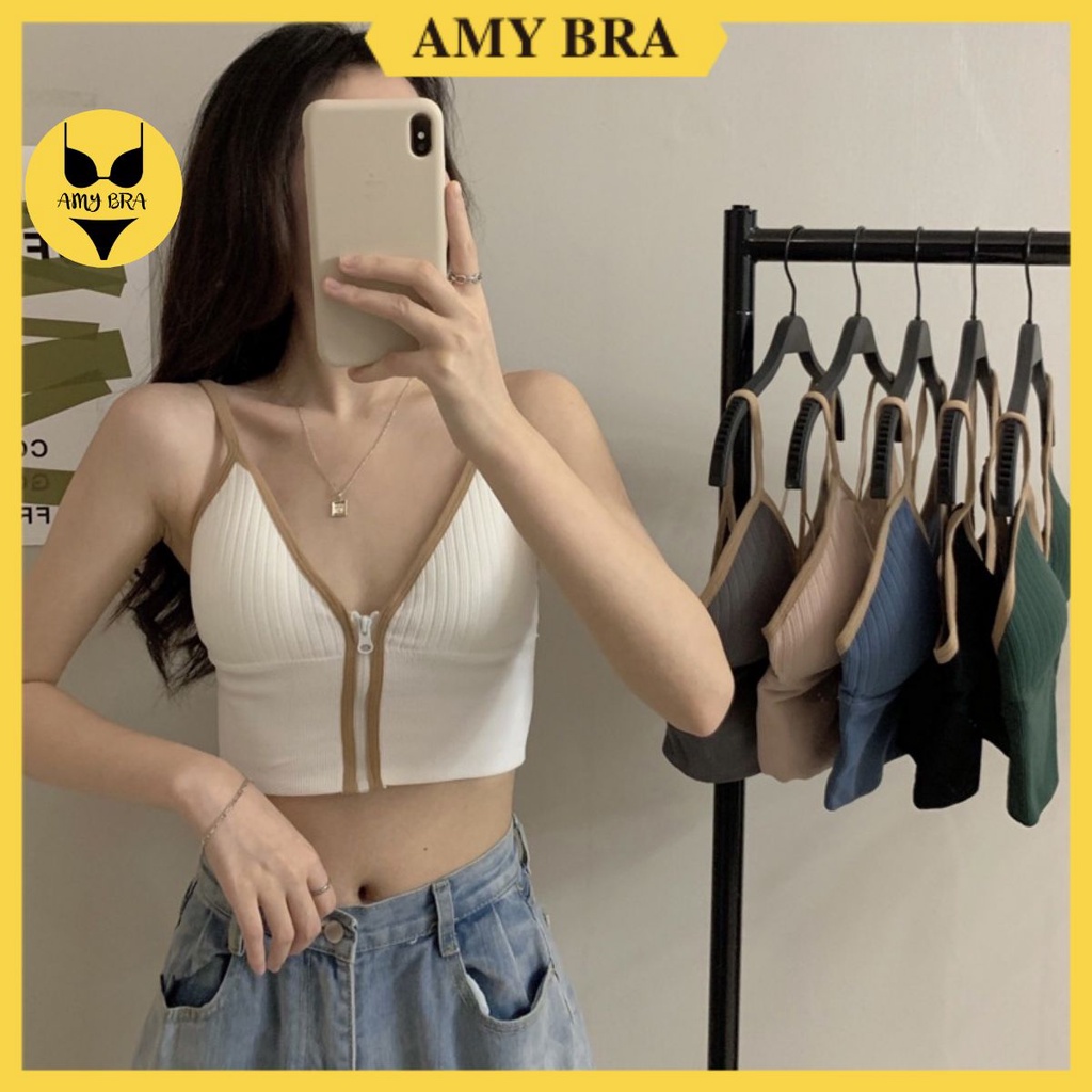 Áo Bra Nữ Cá Tính Cỗ V Khóa Kéo Trước - Bra 2 Dây Dáng Croptop Mút Mỏng AMYBRA  B3309