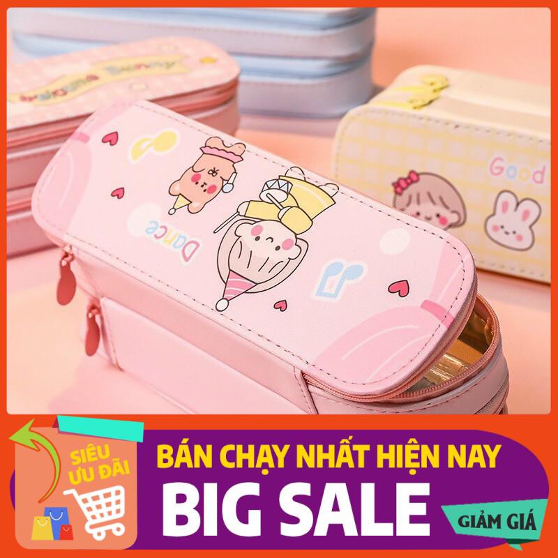 [SIÊU RẺ💓] Hộp bút da PU nhiều ngăn hình thú, bóp viết 2 tầng cỡ to chống nước màu pastel cho bé gái