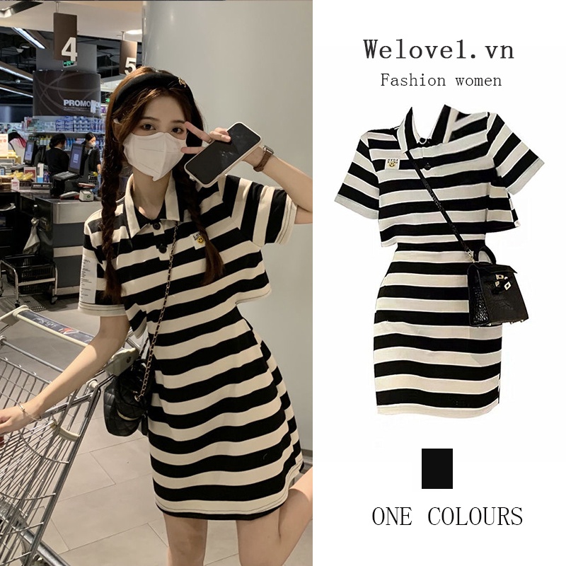 Đầm tay ngắn cổ bẻ ôm eo họa tiết kẻ sọc đen trắng thời trang mùa hè dành cho nữ