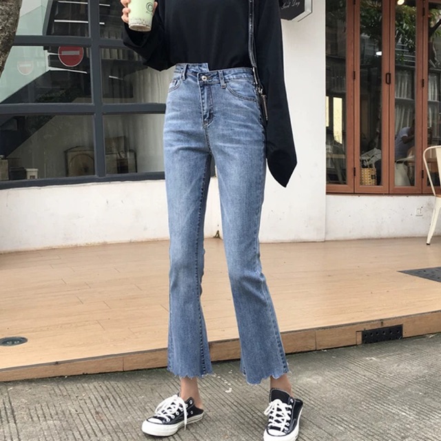 (Order) Có bigsize Quần jeans cạp lệch, gấu loe rách hot hit - mẫu mới 2019