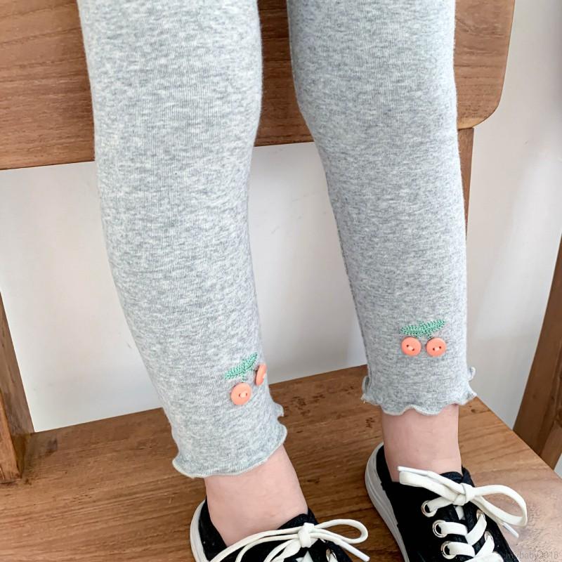 Quần leggings màu trơn in hình quả cherry phong cách Phương Tây xinh xắn cho bé gái