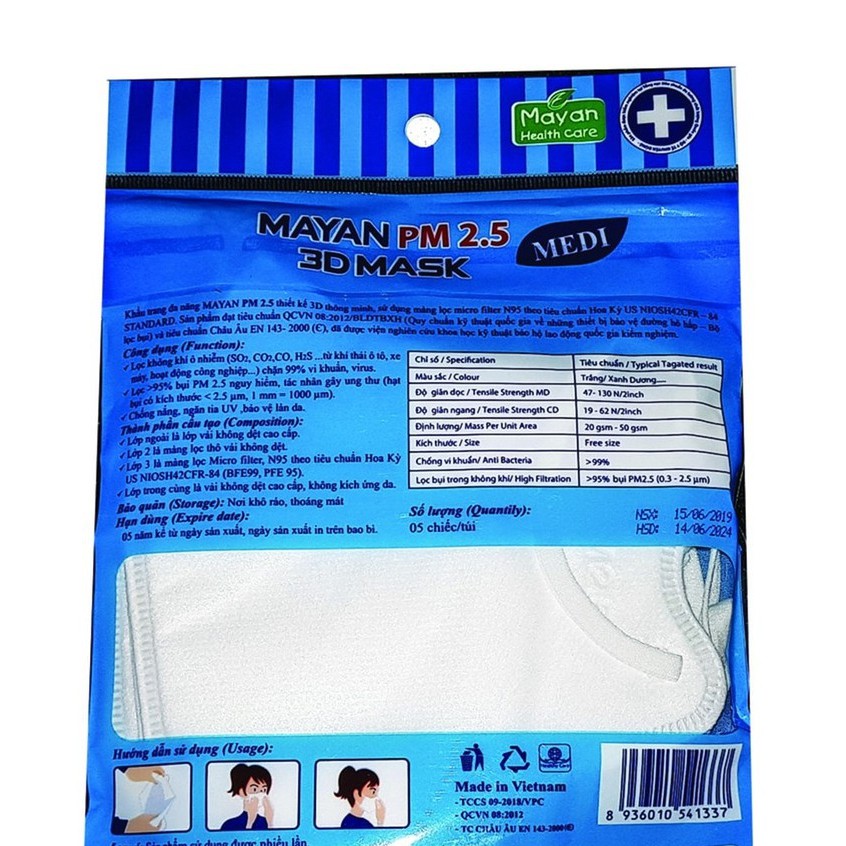 Túi 5 Miếng Khẩu Trang Mayan 3D Mask Chống Bụi Mịn PM 2.5