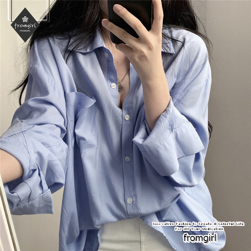 Fashion sense blue long sleeve loose shirt for women