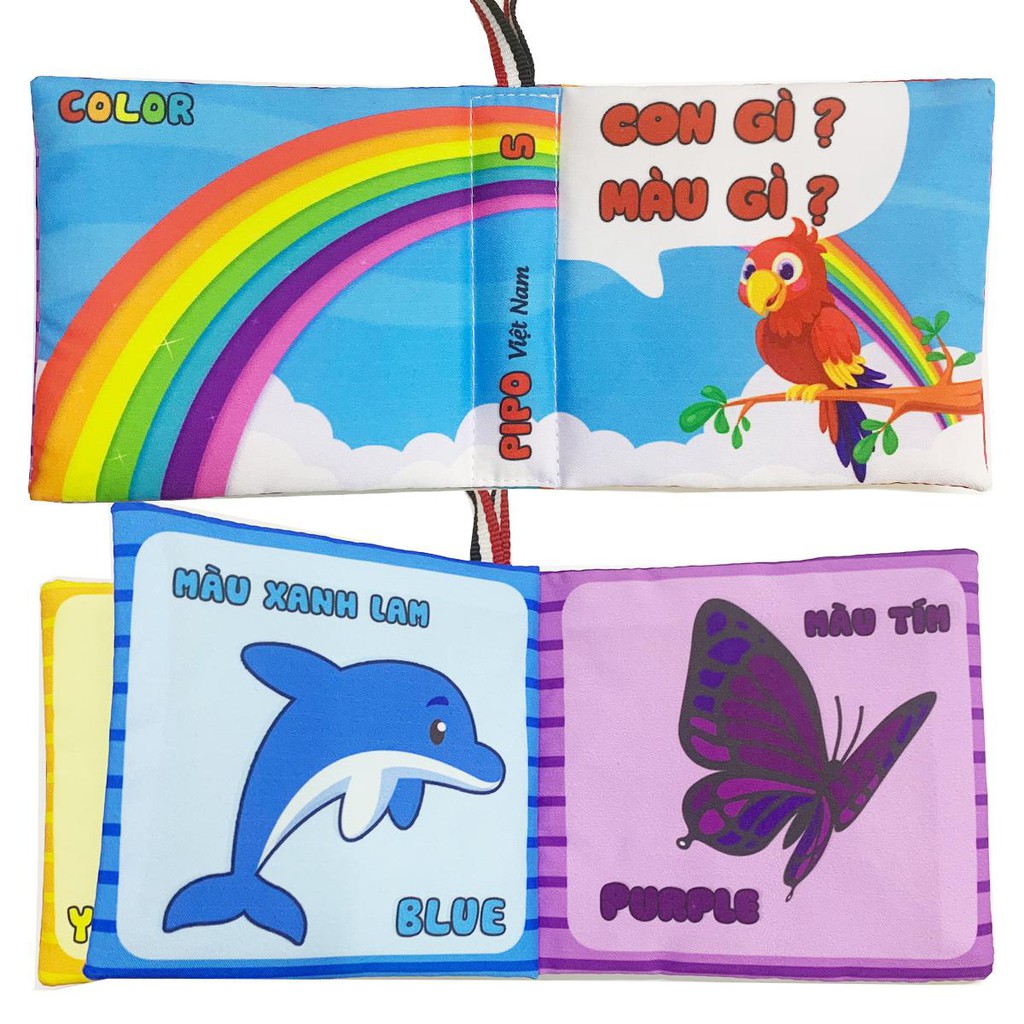 Sách vải PipoVietnam Con gì màu gì song ngữ kích thích thị giác- Đồ chơi an toàn cho bé Babysun
