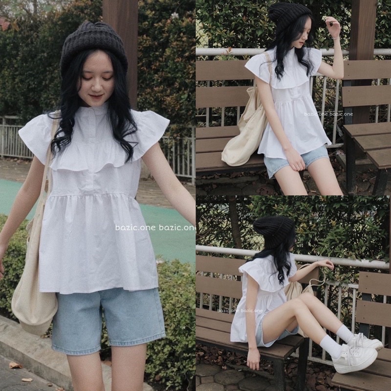 Áo Sơ Mi Bèo Vai Cổ Tàu Sát Nách Ulzzang, Áo Tiểu Thư Màu Trắng Cực Xinh Chan House