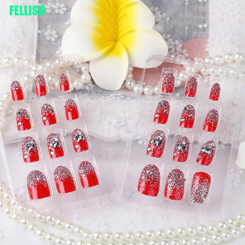 [Hàng mới về] 24 Móng giả kèm phụ kiện màu đỏ đính đá ánh kim