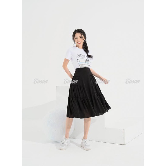 Chân váy đen tơ ý dáng xòe, nhún 3 tầng Toson 38002B52