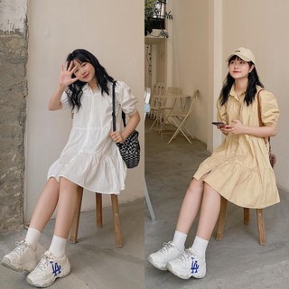 Váy babydoll sơ mi ba tầng, đầm sơ mi babydoll xòe tay phồng có cổ - V18G