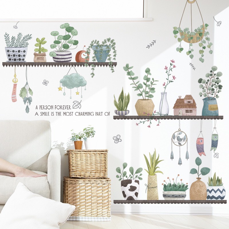 Decal trang trí tường - Những chậu cây sen đá và hoa nhỏ