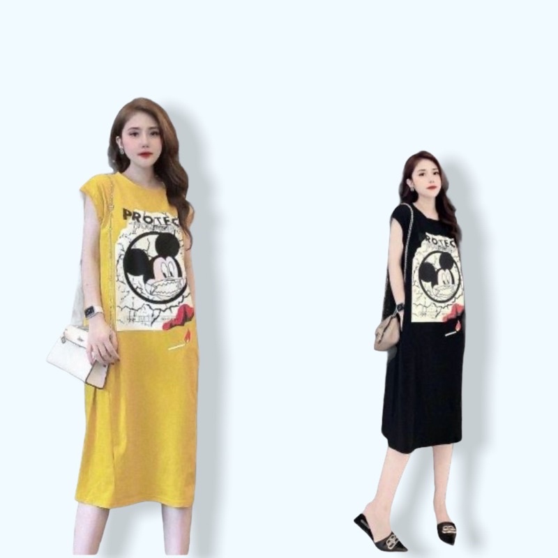 ĐẦM_SUÔNG-Váy suông cotton tay hến không túi in hình Mic.ky loang