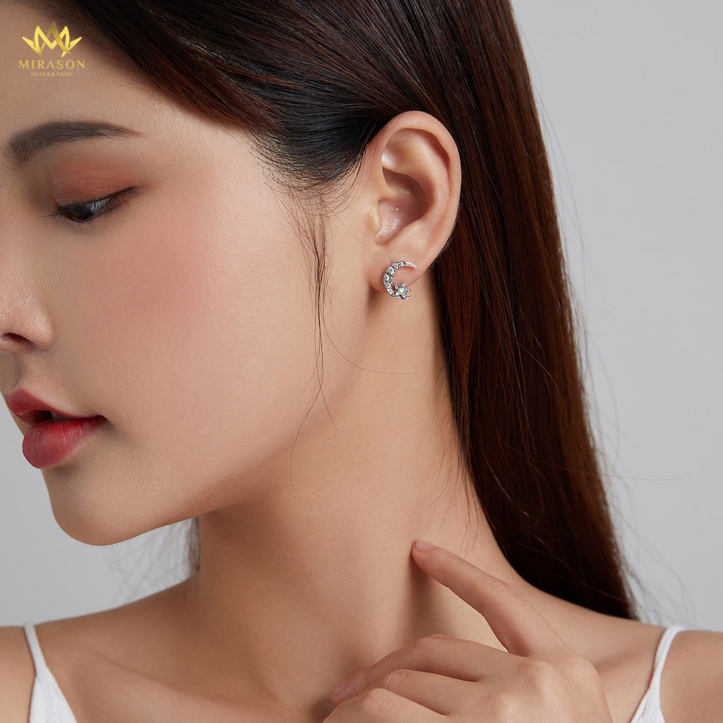 Khuyên Tai Bạc Nữ MIRASON Trăng Sao Đính Đá Xanh Trắng Lấp Lánh MBT257 - Bông Tai Nữ Bạc 925 Cao Cấp
