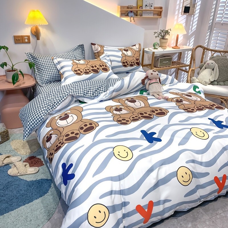 Bộ chăn ga gối nhập khẩu 4 món - Gấu xanh (không kèm ruột)