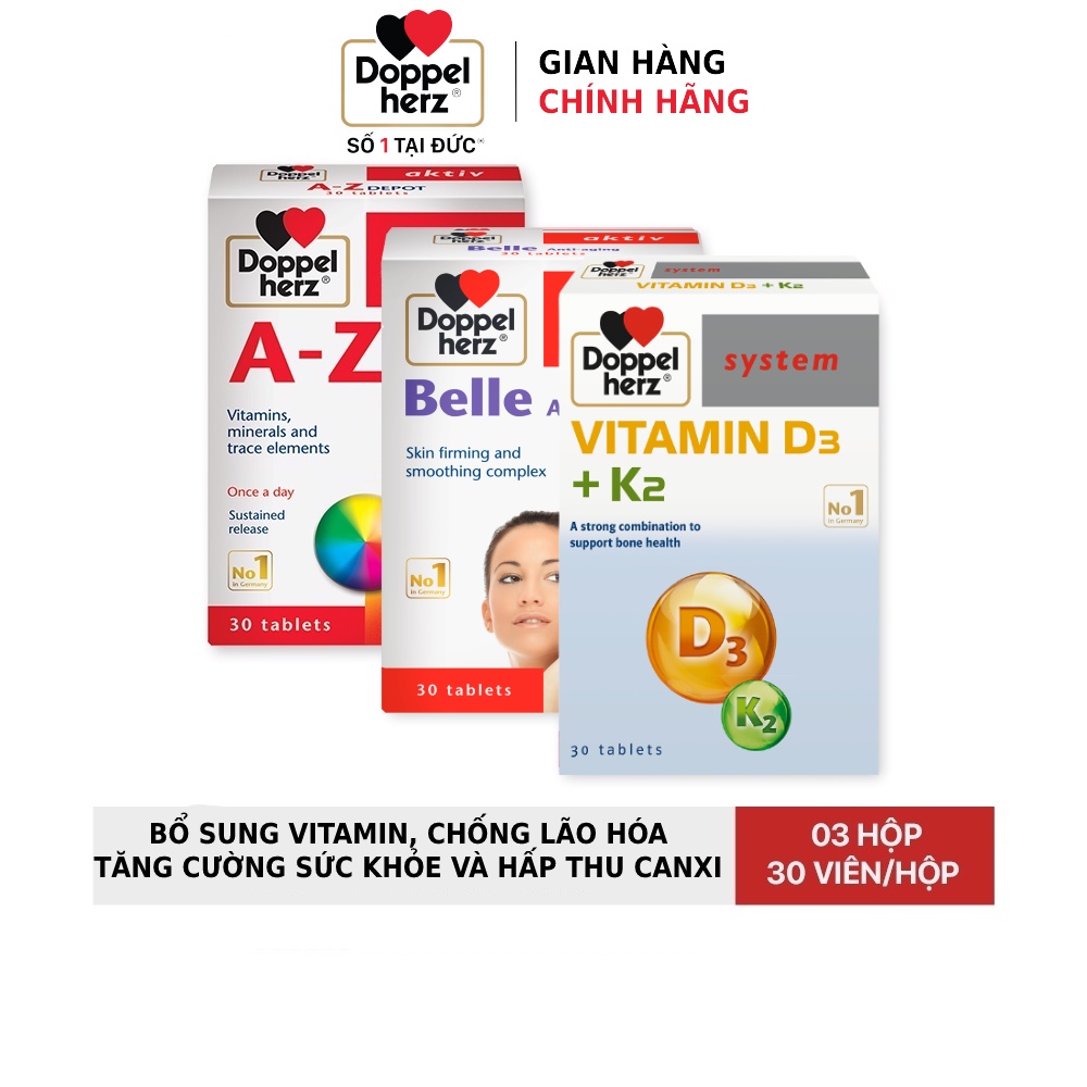 Combo bổ sung vitamin, chống lão hóa, tăng cường sức khỏe  Doppelherz A Z Depot + Anti Aging + Vitamin K2+D3 (03 hộp)