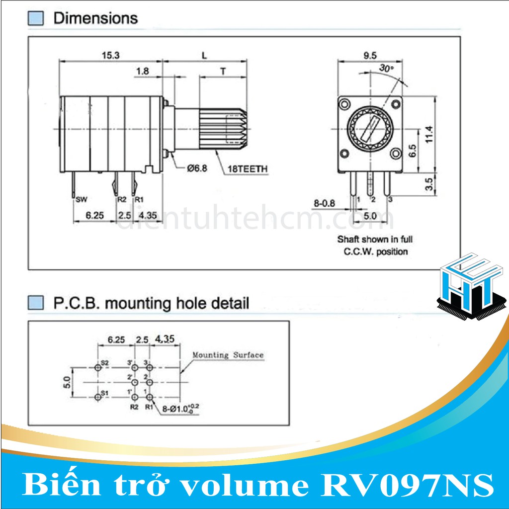 Biến trở volume / Chiết áp RV097NS đơn 5 chân có công tắc