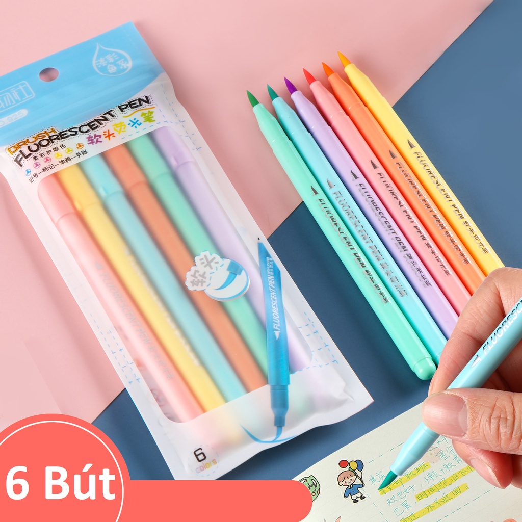 Bút dạ quang đánh dấu ngòi brush viết calligraphy HAKI 6 màu sắc dễ thương B12