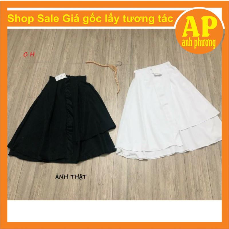 Chân váy xòe kiểu vạt lệch tầng ulzzang,chân váy hai tầng màu trắng đen hàn quốc, chân váy cho giới trẻ cá tính+ảnh thật