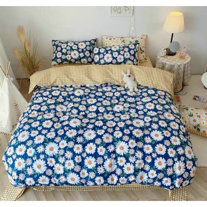 Bộ Chăn Ga Cotton Poly Mẫu Cúc Xanh Than