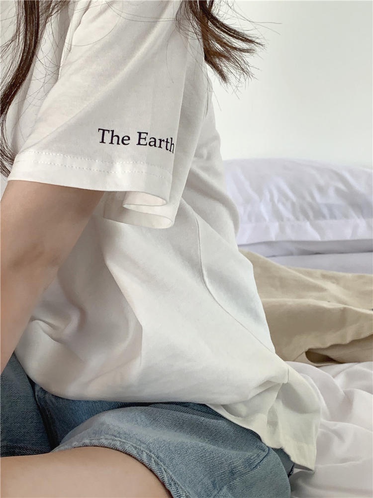 Áo Thun Tay Ngắn Cổ Tròn In Chữ Dáng Rộng Phong Cách Hàn Quốc 50371