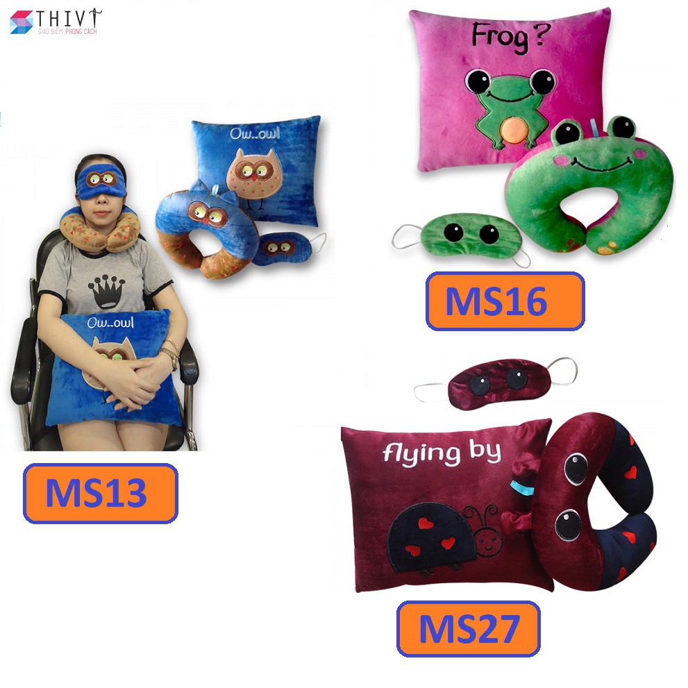 Combo gối tựa lưng, gối chữ U và bịt mắt thêu hoạt hình 27 THIVI