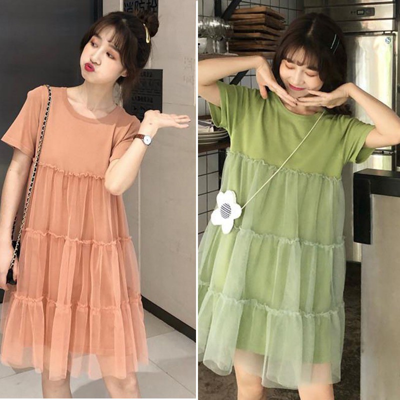 Đầm tay ngắn cổ tròn phối lưới thanh lịch