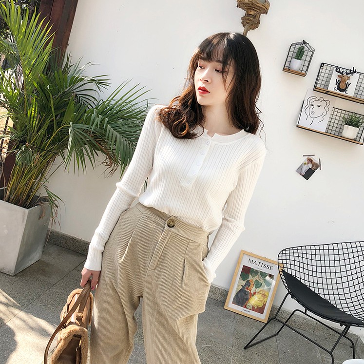 Áo len dáng ôm đơm cúc 5 cúc ngực thời trang Hàn Quốc dành cho bạn nữ 5152 1Z16