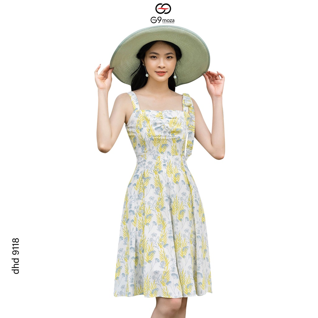 Đầm hai dây 9118 G9moza nhún ngực dáng xòe nhẹ nhàng,chất cát hàn mềm min, mát.