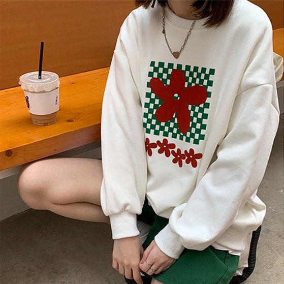 【ZHELIHANGFEI】Áo Thun Nỉ Tay Dài Dáng Rộng In Hoa Phối Họa Tiết Ván Trượt Dễ Phối Đồ