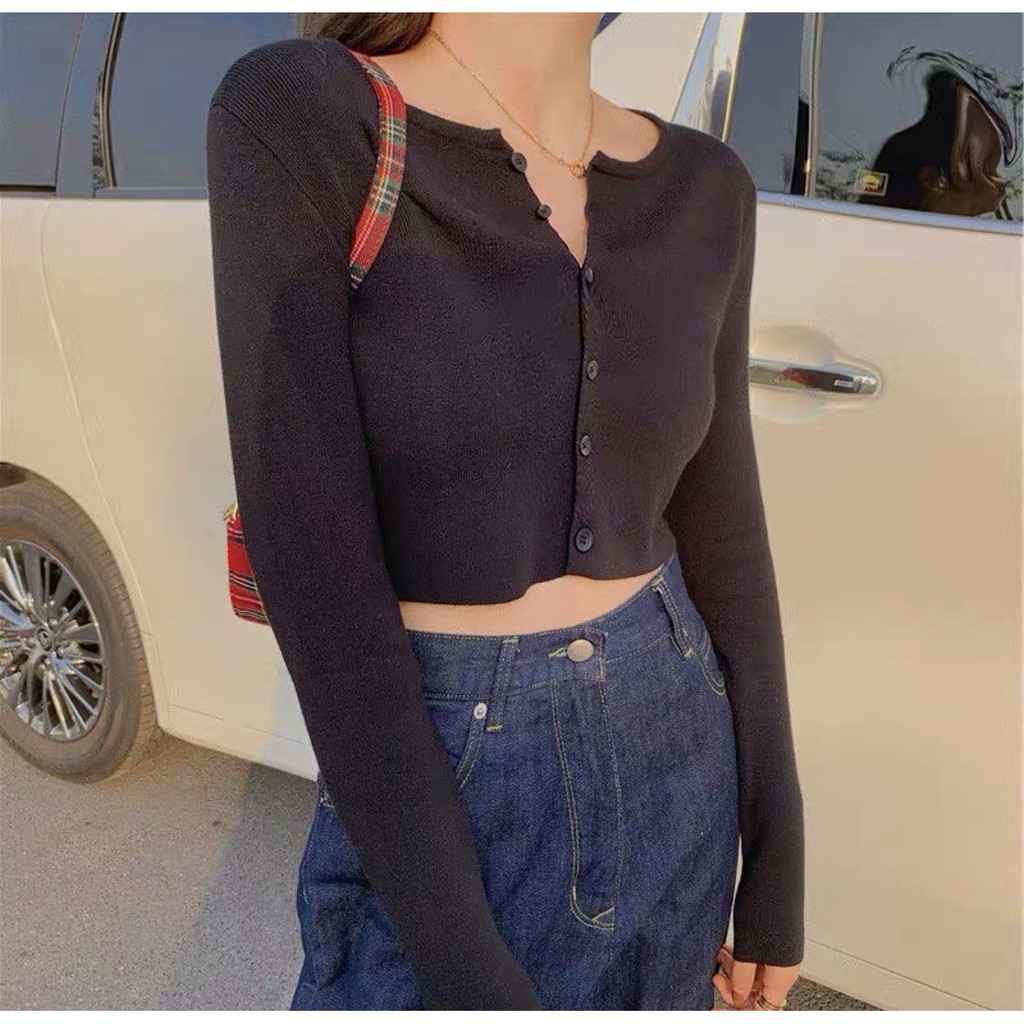 Áo croptop tay dài gài nút Basic 31, chất borip xịn sò co giãn 4 chiều, áo ulzzang trơn ôm nhẹ xinh, cổ V tim điệu