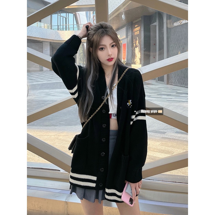 Áo Khoác Cardigan Dệt Kim Cổ Chữ V Hoạ Tiết Kẻ Sọc Phong Cách Hàn Quốc Dành Cho Nữ