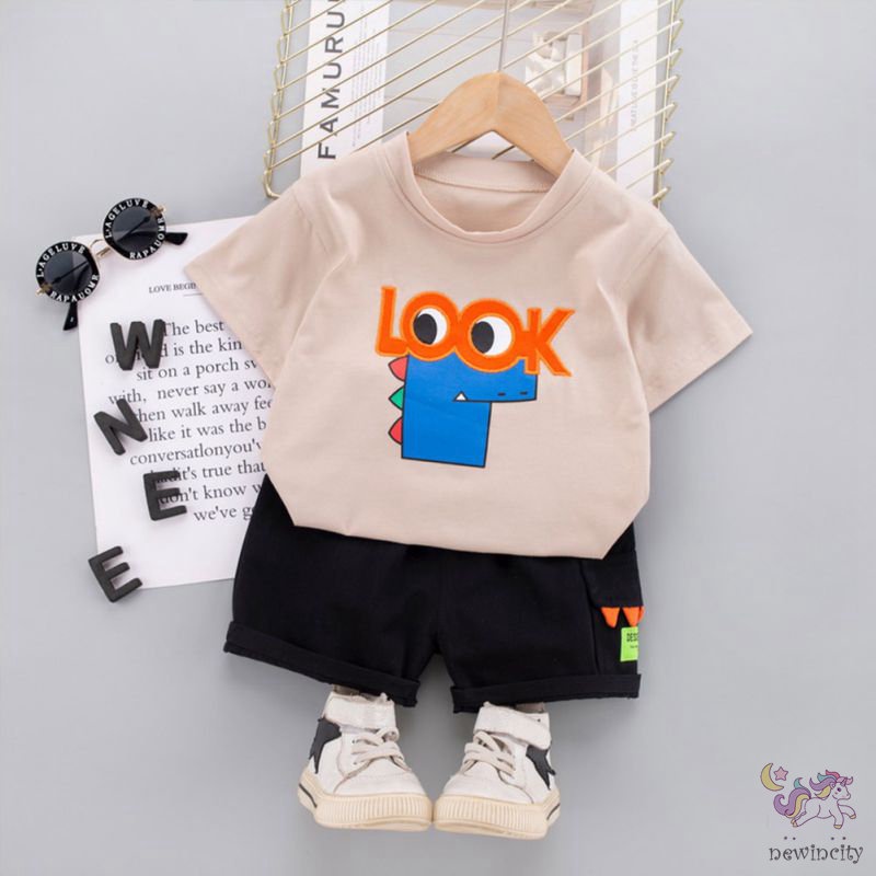 Set Đồ 2 Món Gồm Áo Cotton Tay Ngắn In Hình Khủng Long Dễ Thương + Quần Ngắn Cho Bé Trai