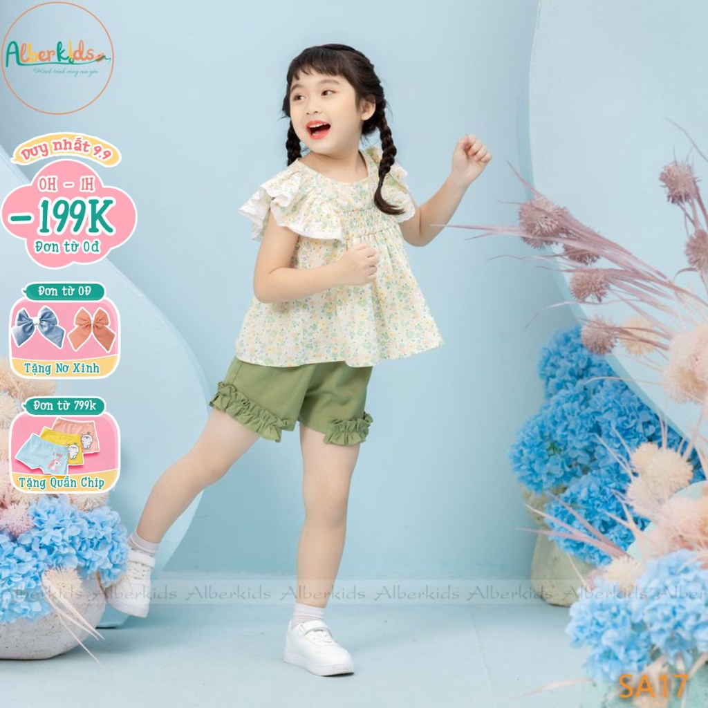 Đồ bộ bé gái ALBER sét quần áo cho bé 3 màu sắc xanh, tím, vàng mùa hè cho trẻ em 2,3,4,5,6,7,8,9,10,11,12 tuổi [SA17]