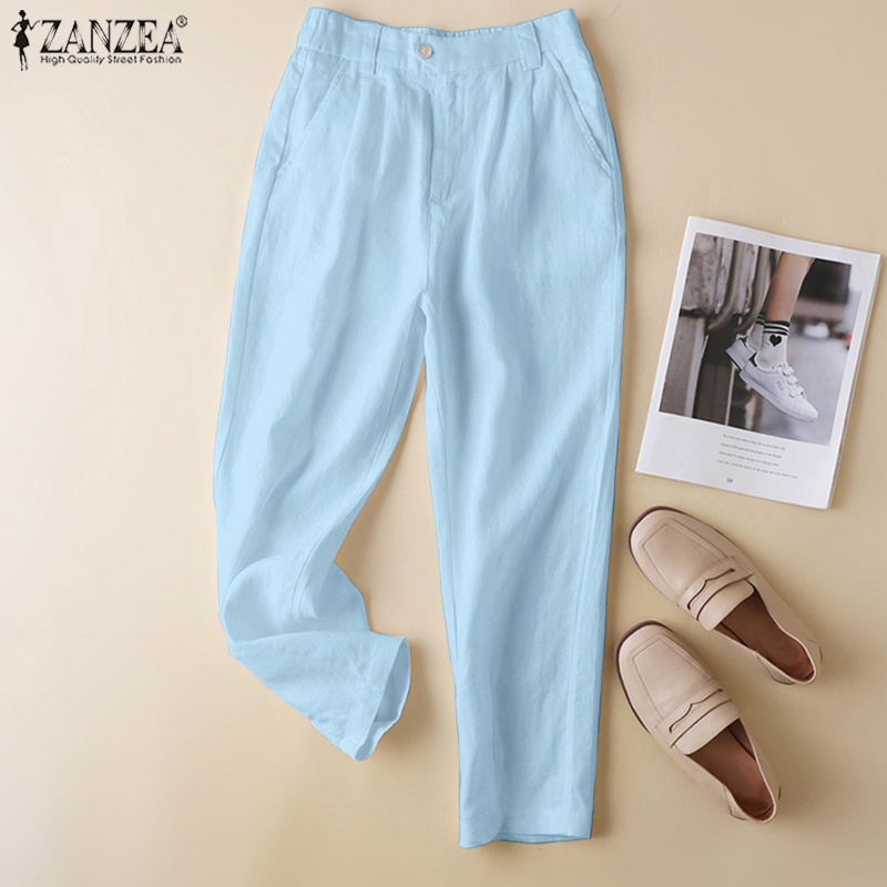 Quần dài ZANZEA lưng thun màu trơn có túi thời trang cho nữ