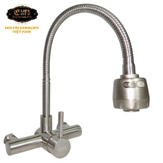 Vòi rửa chén âm tường cần lò xo Inox SUS 304 Eurolife EL-T017AT (Trắng vàng)