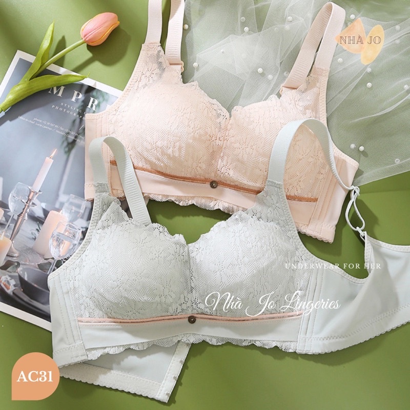 Áo Lót Đệm Vừa Không Gọng Hoạ Tiết Ren Hoa Chất Cotton Mềm Mại Bản Lưng To AC31 Nhà Jo