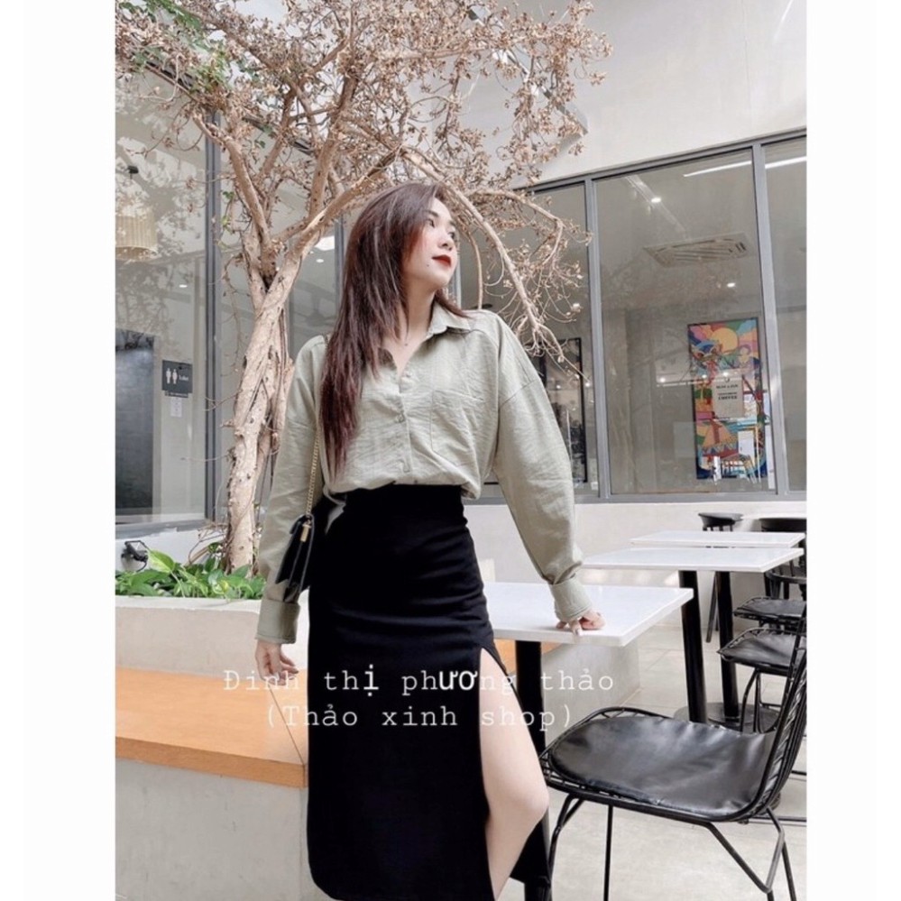 áo sơ mi đũi mix chân váy xẻ lệch chất yumi ulzzang xiao chất đẹp
